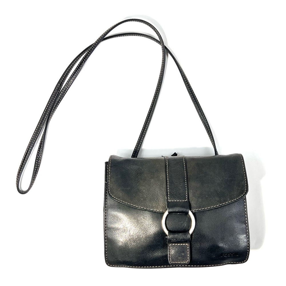 VTG Fossil Pebble Black Leather Crossbody Purse Bag